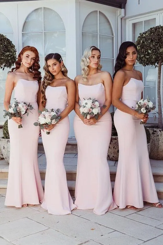 Simple Strapless Satin Cheap Long Bridesmaid Dresses sold by KissProm