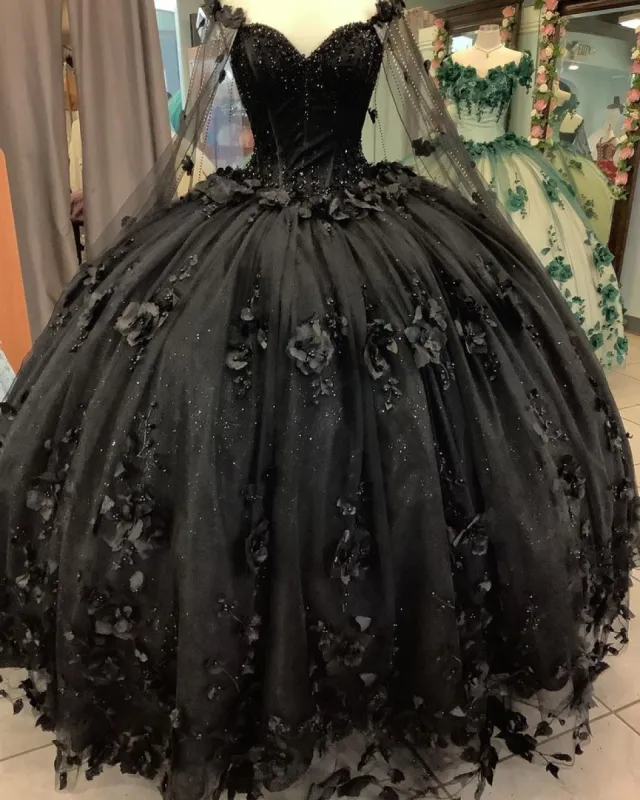 Black Ball Gown Quinceanera Dresses with Flowers sold by KissProm