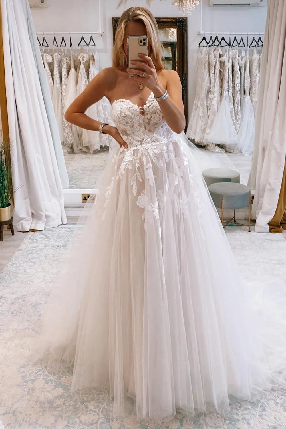 Zaria | Ivory Long Tulle A-Line Wedding Dress with Lace sold by KissProm
