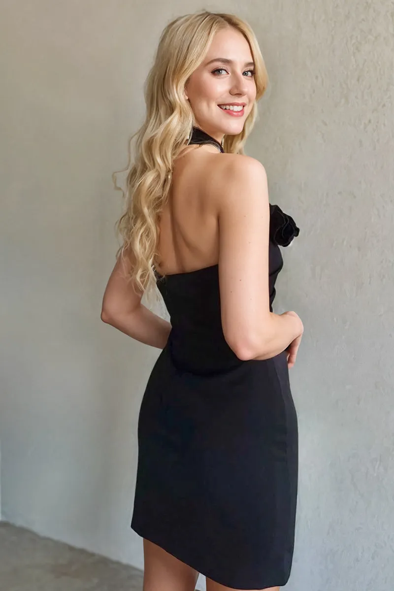 Zolla | Black Halter Rosette Fitted Mini Homecoming Dress sold by KissProm product image thumbnail 2