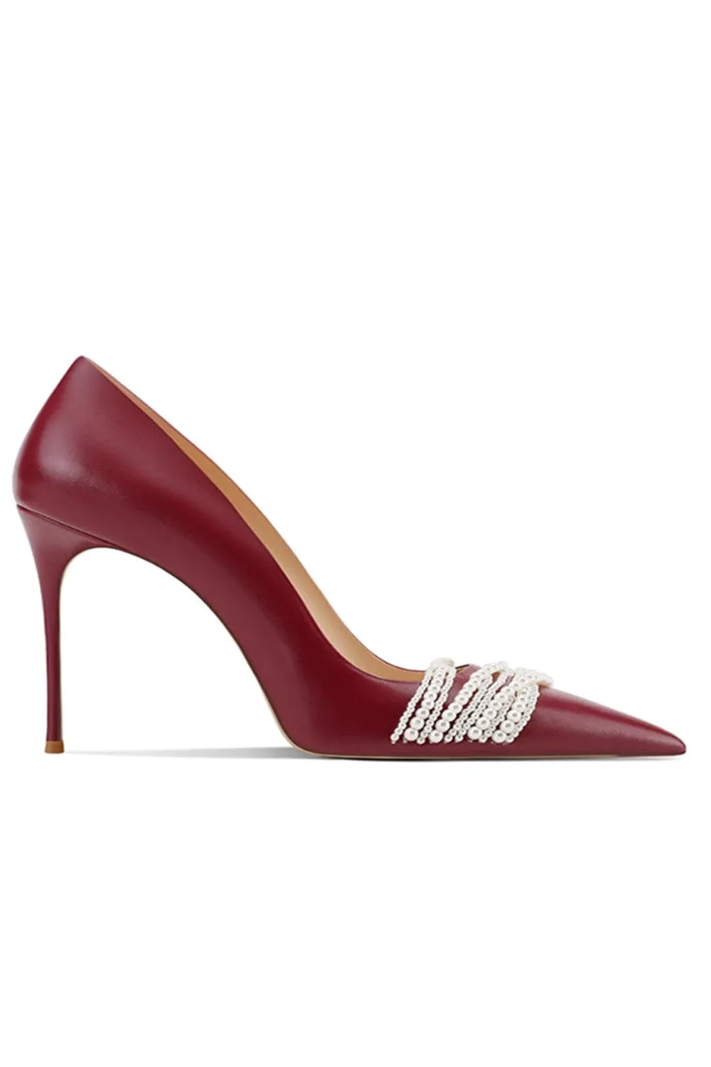 Burgundy Leather Upper Pearl Mid Heel Pumps sold by KissProm