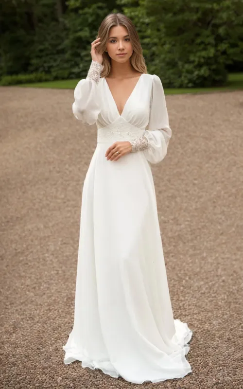 Jolanda | A-Line Floor Chiffon Long Sleeve Wedding Dress with Sequins and Train sold by KissProm