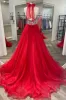 Red Beaded Halter Backless A-Line Long Prom Gown sold by KissProm