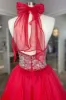 Red Beaded Halter Backless A-Line Long Prom Gown sold by KissProm