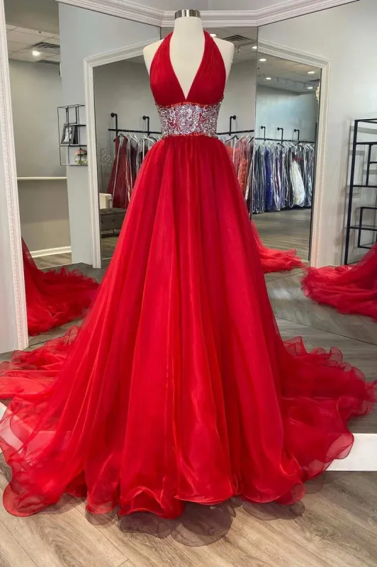 Red Beaded Halter Backless A-Line Long Prom Gown sold by KissProm