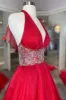 Red Beaded Halter Backless A-Line Long Prom Gown sold by KissProm
