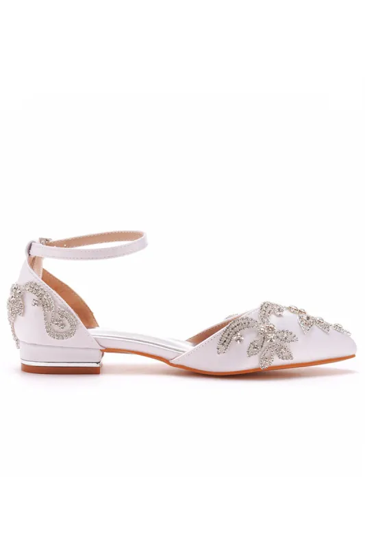 White Satin Rhinestone Flowers Pointed Toe Ankle Strap Chunky Heels sold by KissProm