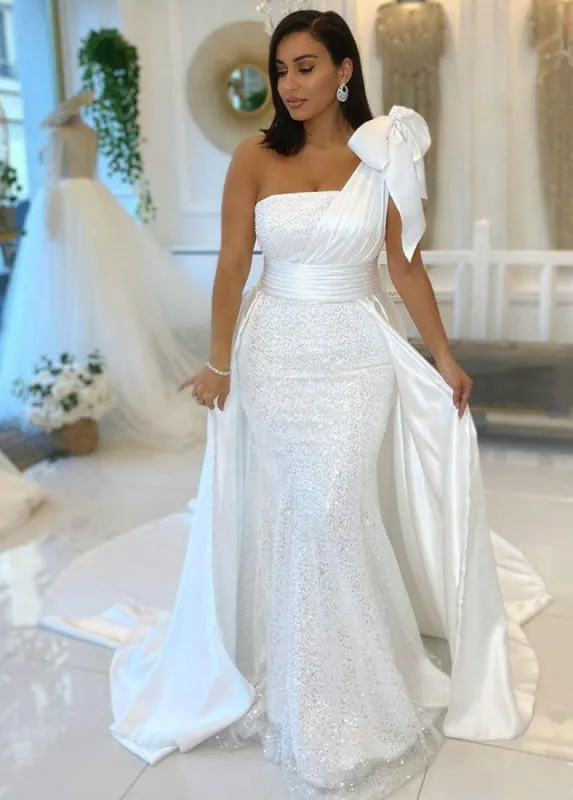 One Shoulder Mermaid Sleeveless Long Bridal Gowns With Overskirt sold by KissProm