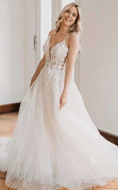 Bohemian A Line Floor-length Lace Tulle Spaghetti V-neck Sleeveless Wedding Dress sold by KissProm