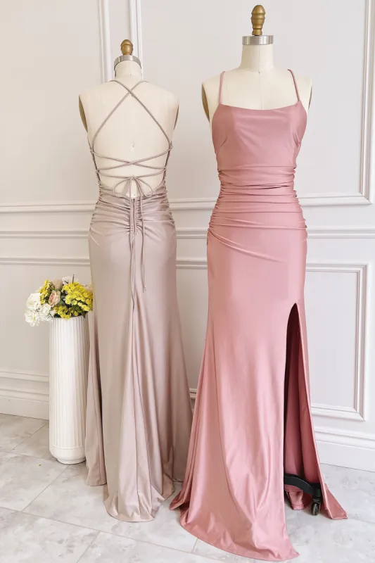 Dusty Pink Satin Lace-Up Sheath Long Bridesmaid Dress with Slit sold by KissProm