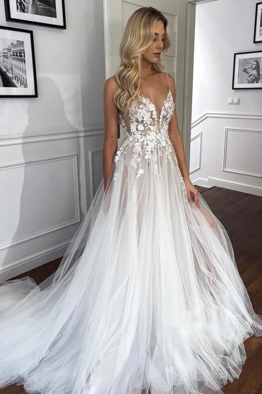 Hind | Spaghetti Straps V-Neck Lace Appliques A-line Tulle Rustic Wedding Dress sold by KissProm