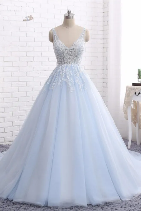 Quinceanera Dress Ball Gown Chapel Train V Neck Sleeveless Backless Appliques Prom Dresses sold by KissProm