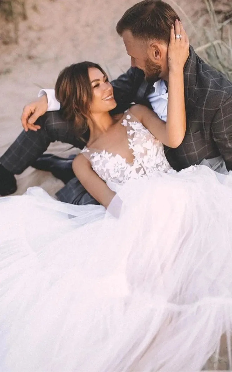 Kaelyn | A-Line V-neck Lace Tulle Sleeveless Wedding Dress with Appliques sold by KissProm product image thumbnail 3