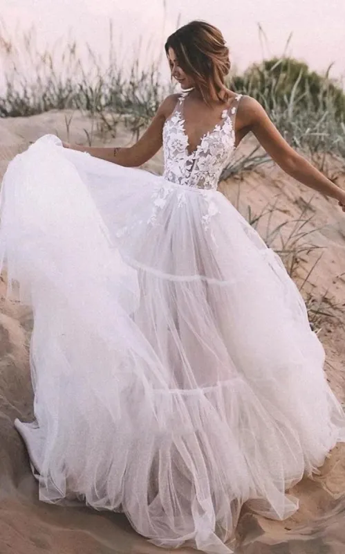 Kaelyn | A-Line V-neck Lace Tulle Sleeveless Wedding Dress with Appliques sold by KissProm