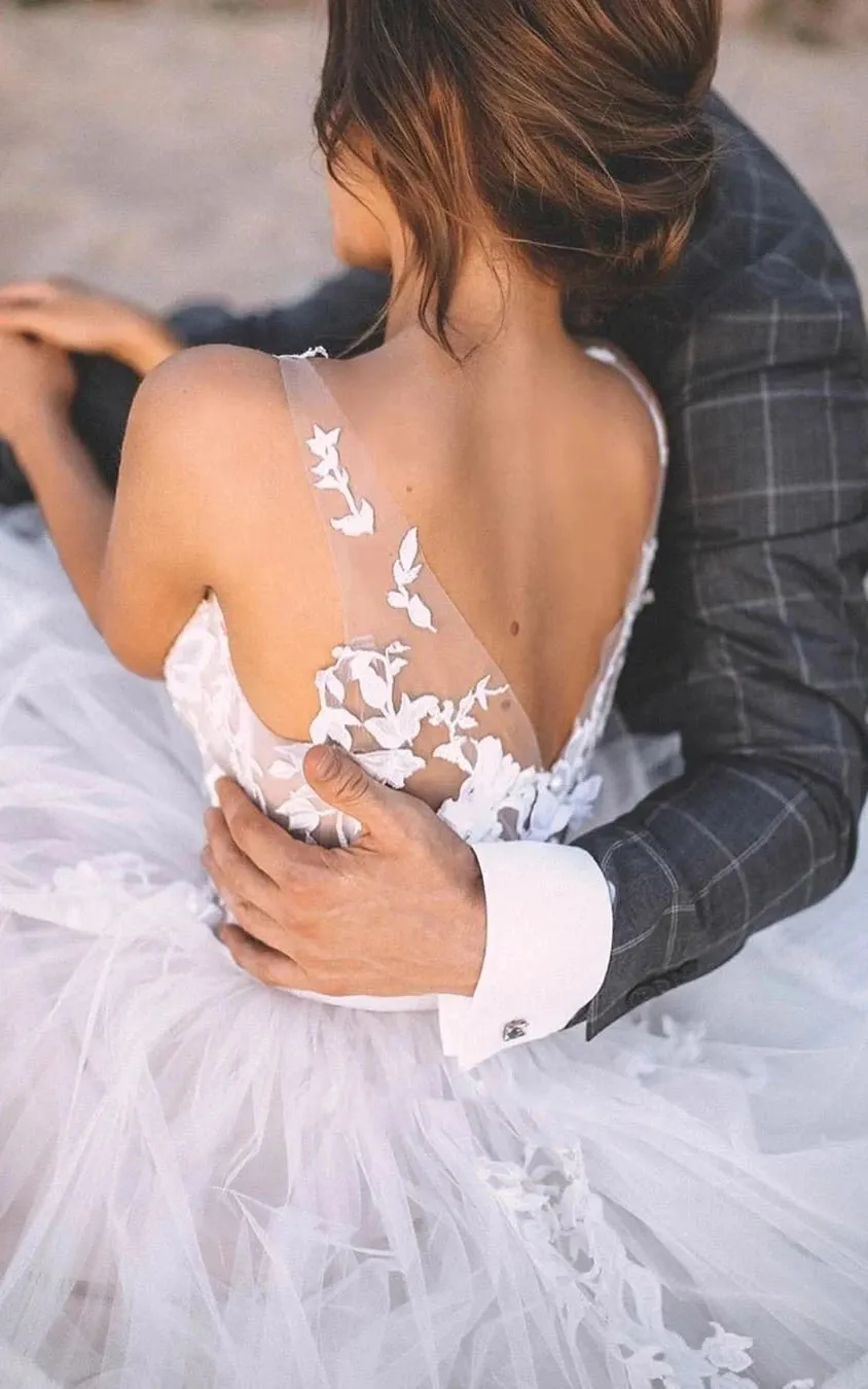 Kaelyn | A-Line V-neck Lace Tulle Sleeveless Wedding Dress with Appliques sold by KissProm product image thumbnail 2