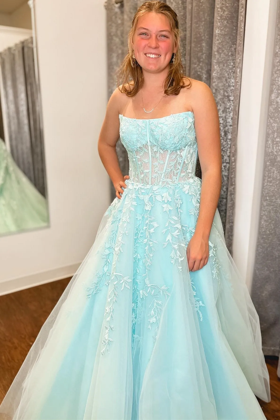 Nell | Aqua Blue Appliques Strapless A-Line Long Prom Dress sold by KissProm