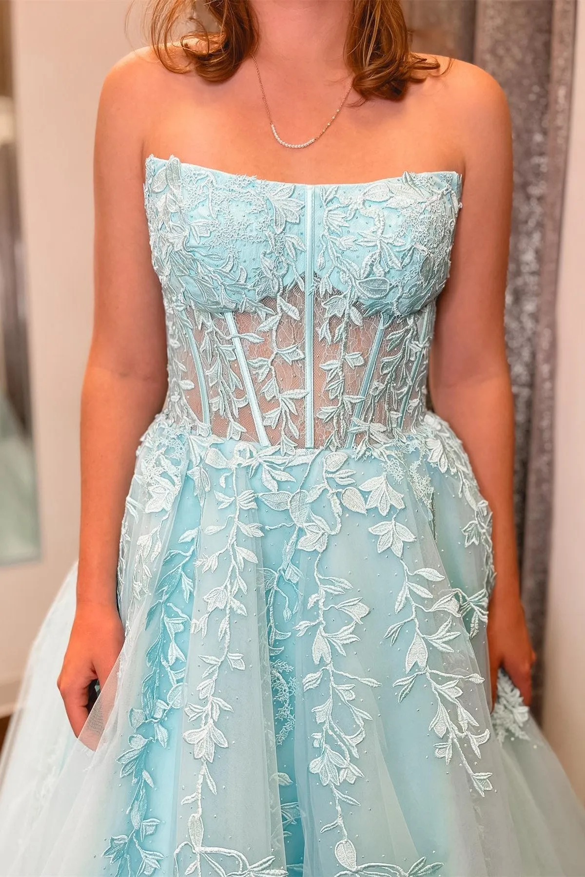 Nell | Aqua Blue Appliques Strapless A-Line Long Prom Dress sold by KissProm product image thumbnail 2