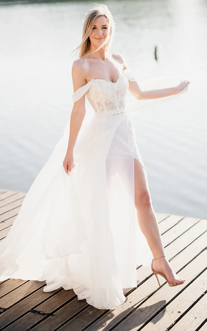 Orlanda | A-Line Lace White Lace-Up Off-the-Shoulder Wedding Dress with Slit sold by KissProm