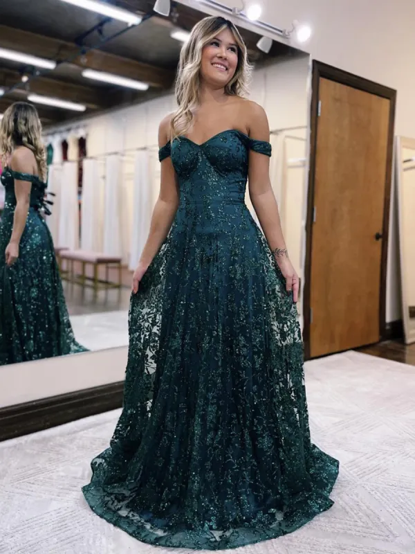 Glitter Mermaid Off The Shoulder Dark Green Long Prom Dress sold by KissProm