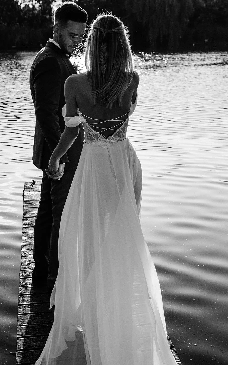 Orlanda | A-Line Lace White Lace-Up Off-the-Shoulder Wedding Dress with Slit sold by KissProm product image thumbnail 2