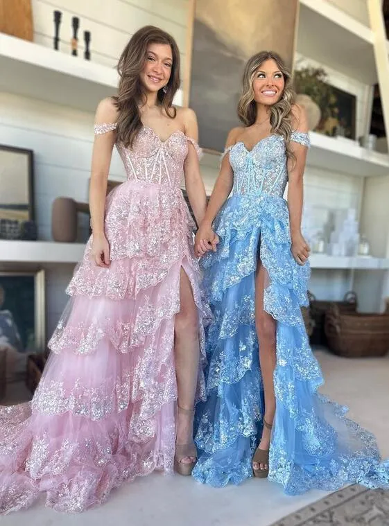 Capri | A-Line Lace Off-the-Shoulder Tiered Long Prom Dress with Slit sold by KissProm product image thumbnail 2