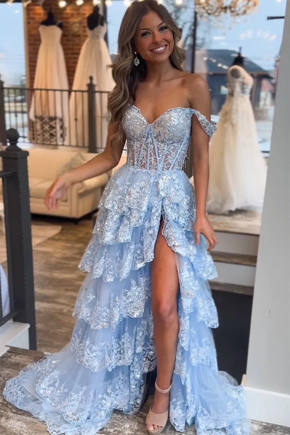 Capri | A-Line Lace Off-the-Shoulder Tiered Long Prom Dress with Slit sold by KissProm product image thumbnail 4