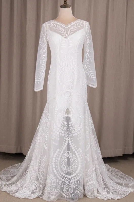 Long Sleeves Mermaid Lace Split Inside Long Formal Wedding Dress sold by KissProm product image thumbnail 4