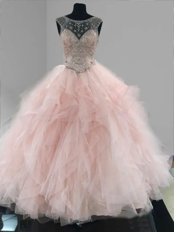 Prom Ball Gown See Through Neck Tulle Light Pink Quinceanera Dresses sold by KissProm