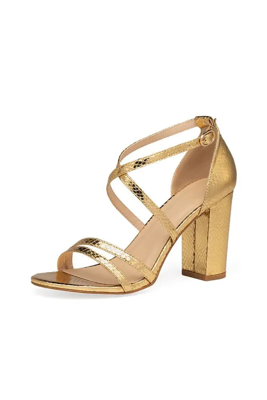 Golden Chunky High Heel Ankle Strap Sandal sold by KissProm