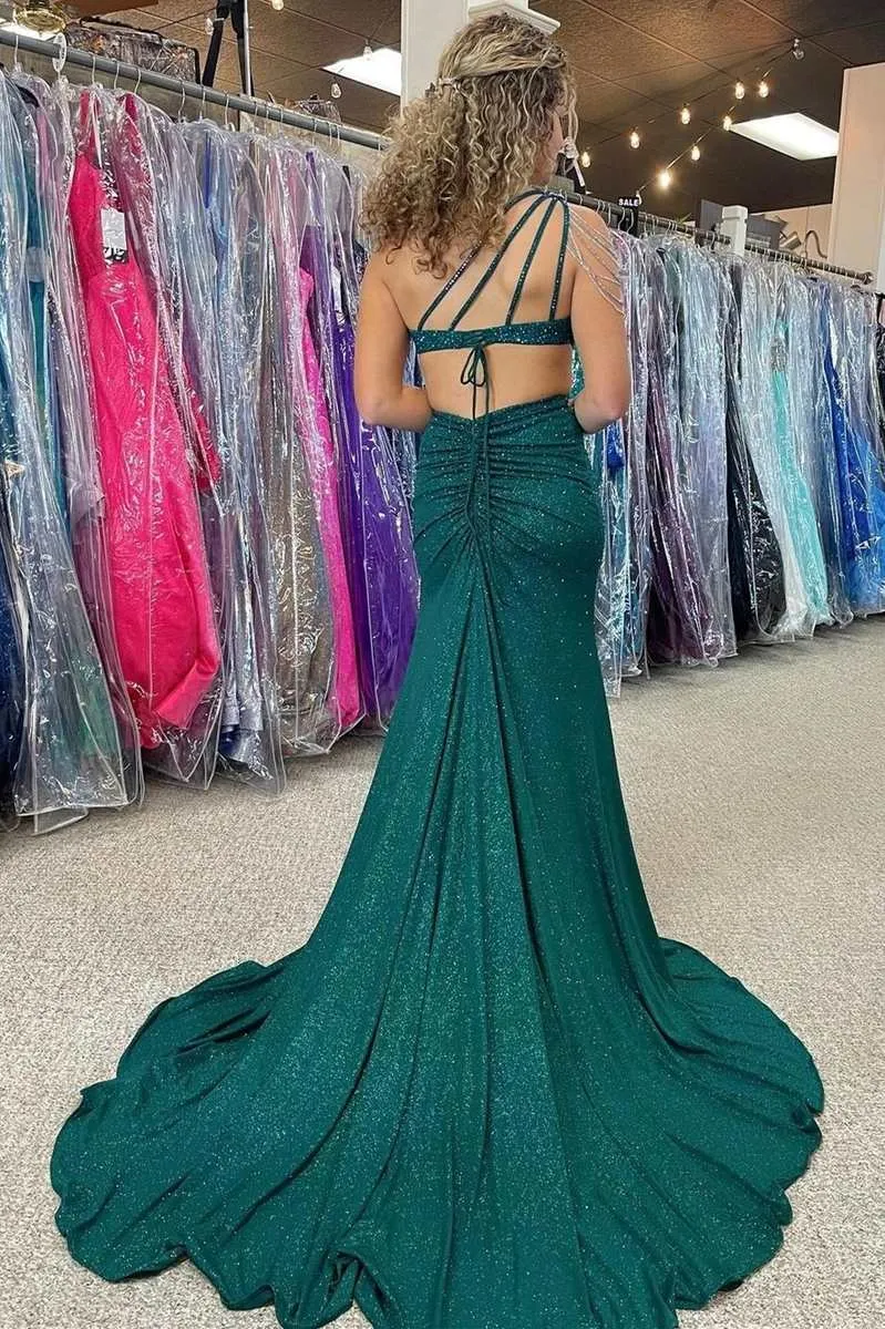 Itzel | One-Shoulder Hunter Green Beaded Mermaid Long Prom Dress with Slit sold by KissProm product image thumbnail 3