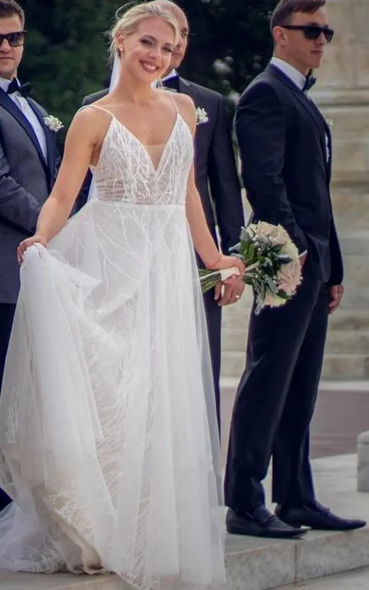 Tulle A-Line Spaghetti Bohemian Wedding Dress With Low-V Back And Sweep Train sold by KissProm