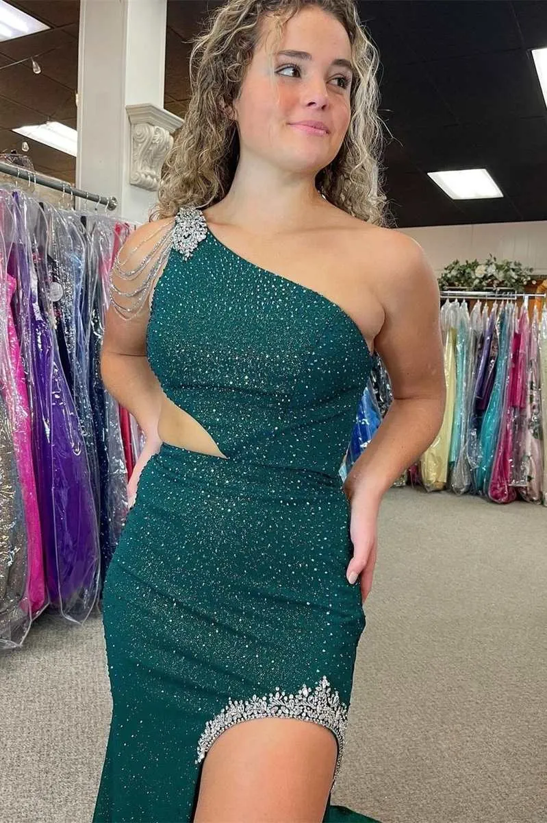 Itzel | One-Shoulder Hunter Green Beaded Mermaid Long Prom Dress with Slit sold by KissProm product image thumbnail 4
