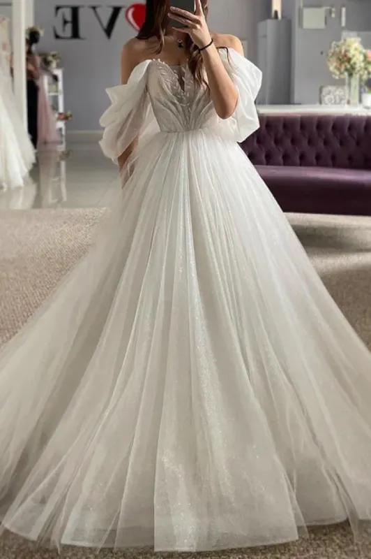 A-Line Off-Shoulder Appliques Glitter Sheer Tulle Wedding Dress sold by KissProm