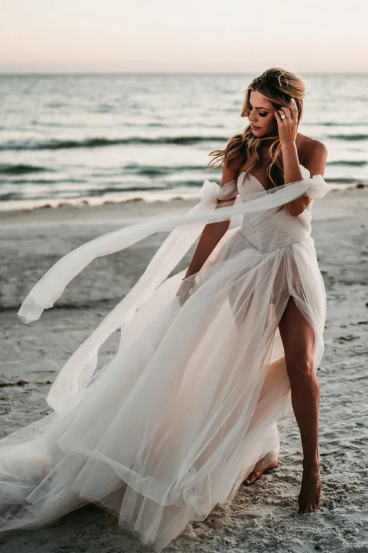 Fairy Off the Shoulder Tulle Wedding Dresses with Slit sold by KissProm