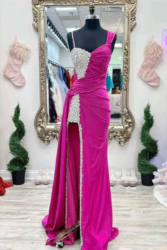 Kaydence | Chic Asymmertrical Fuchsia Beaded Long Porm Dress sold by KissProm