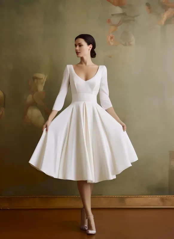 Blanca | Vintage Sleeved A-Line V-neck Satin Tea Length Wedding Dress sold by KissProm