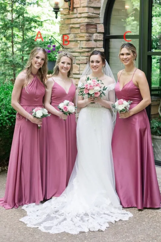 Mauve Chiffon Halter A-Line Long Bridesmaid Dress sold by KissProm