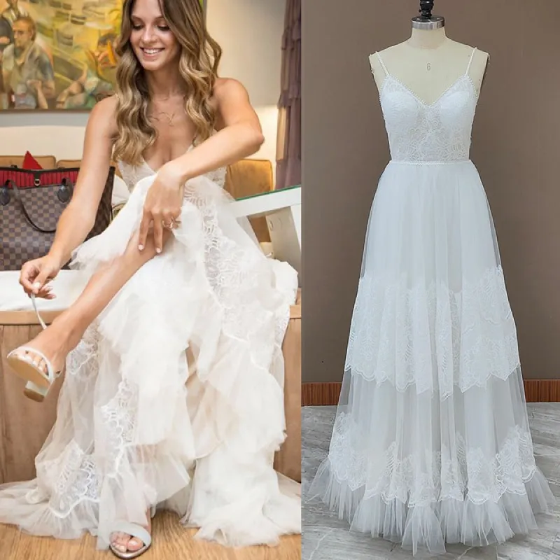 Simple A-Line V Neck Sleeveless Spaghetti Straps Beach Wedding Dresses sold by KissProm
