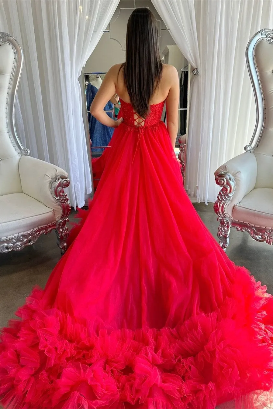 Romy | Red Tulle Appliques Sweetheart Ruffle Long Prom Dress sold by KissProm product image thumbnail 3