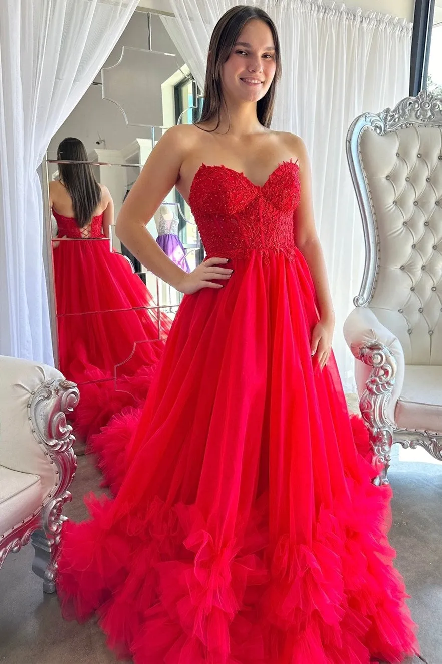 Romy | Red Tulle Appliques Sweetheart Ruffle Long Prom Dress sold by KissProm