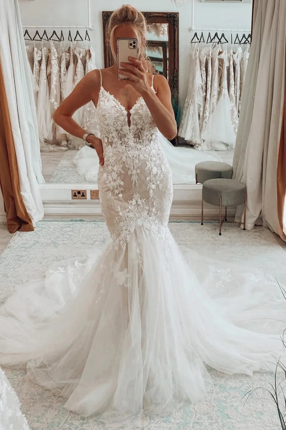 Stunning Mermaid V Neck Tulle Lace Wedding Dresses sold by KissProm