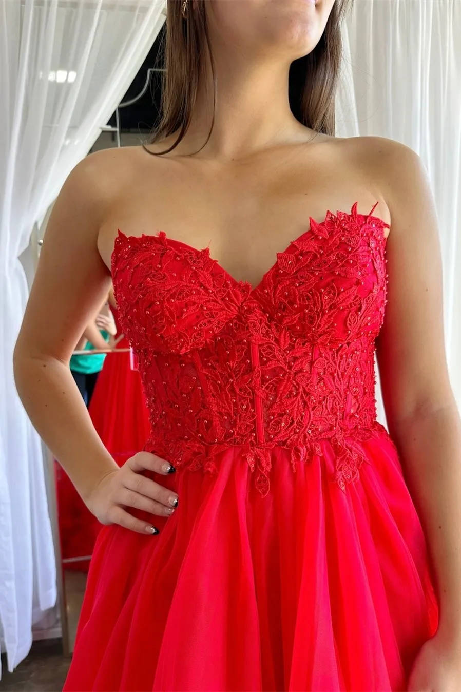 Romy | Red Tulle Appliques Sweetheart Ruffle Long Prom Dress sold by KissProm product image thumbnail 2