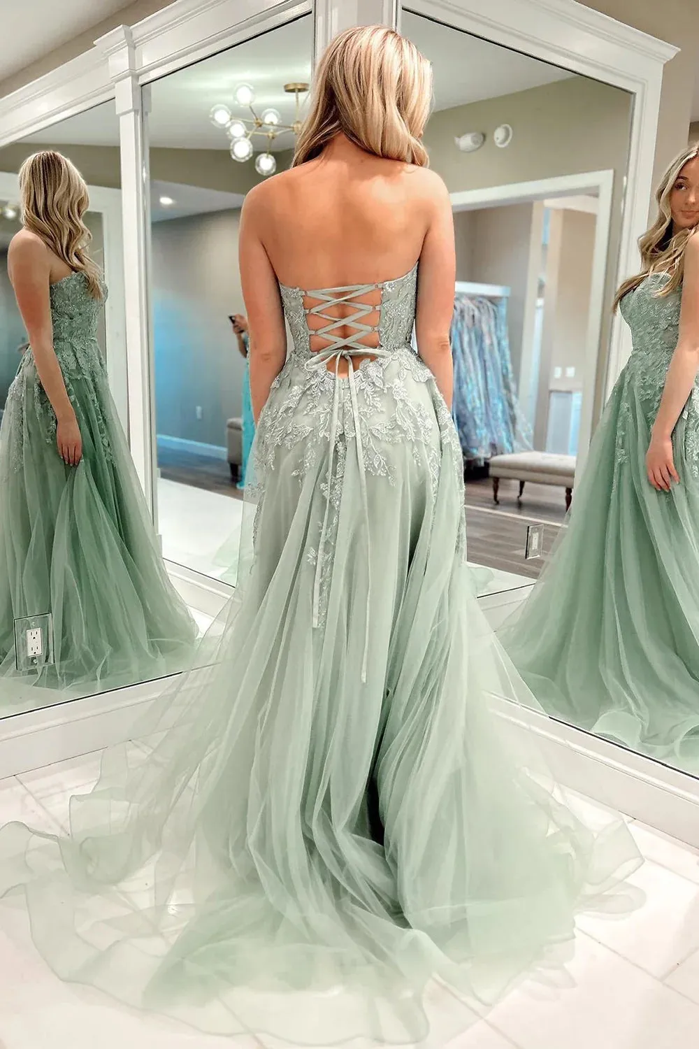 Beulah | A-Line Sweetheart Sage Green Tulle Lace Long Prom Dresses sold by KissProm product image thumbnail 3
