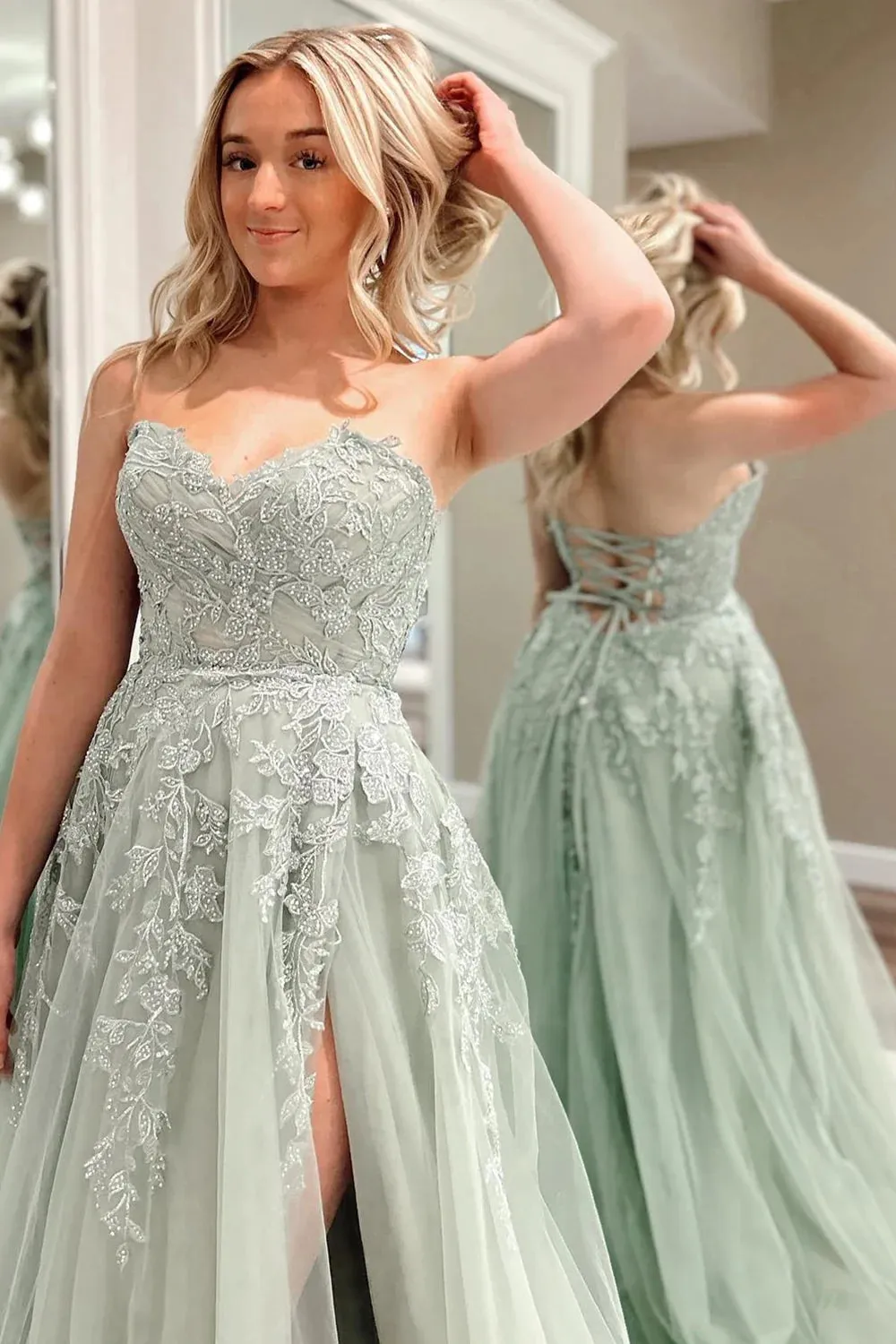 Beulah | A-Line Sweetheart Sage Green Tulle Lace Long Prom Dresses sold by KissProm