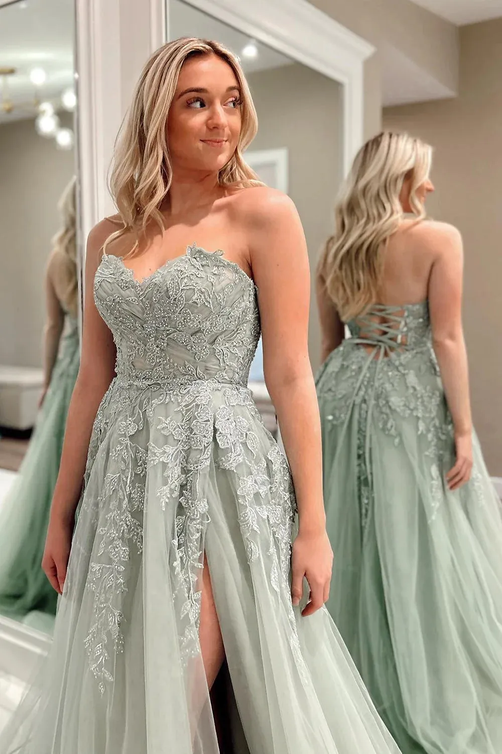 Beulah | A-Line Sweetheart Sage Green Tulle Lace Long Prom Dresses sold by KissProm product image thumbnail 2