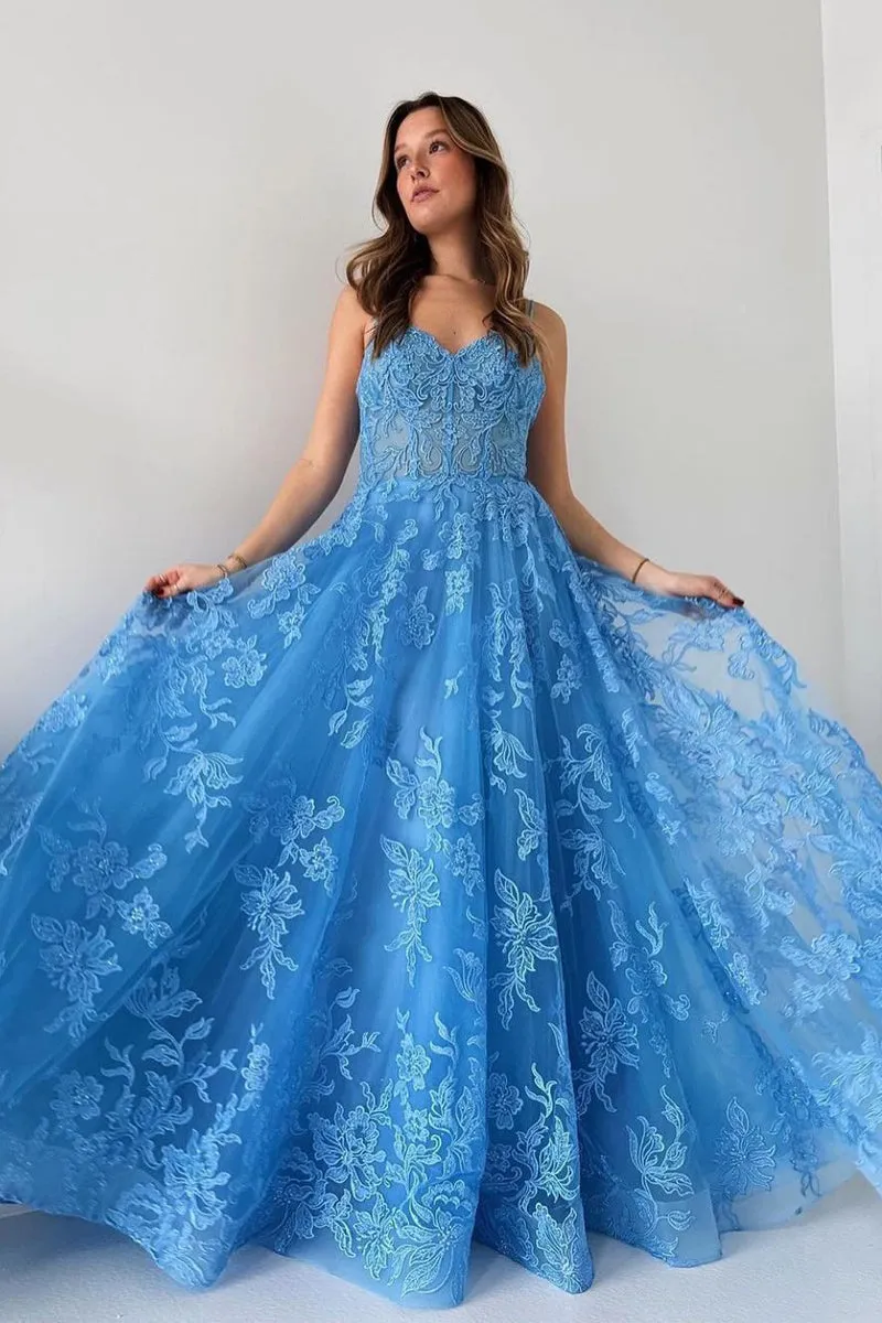 Blue Spaghetti Straps Tulle Appliques Long Prom Dresses sold by KissProm