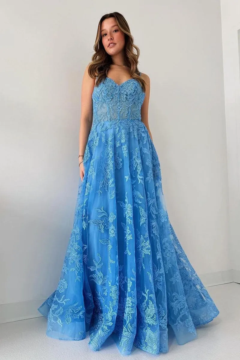 Blue Spaghetti Straps Tulle Appliques Long Prom Dresses sold by KissProm product image thumbnail 2