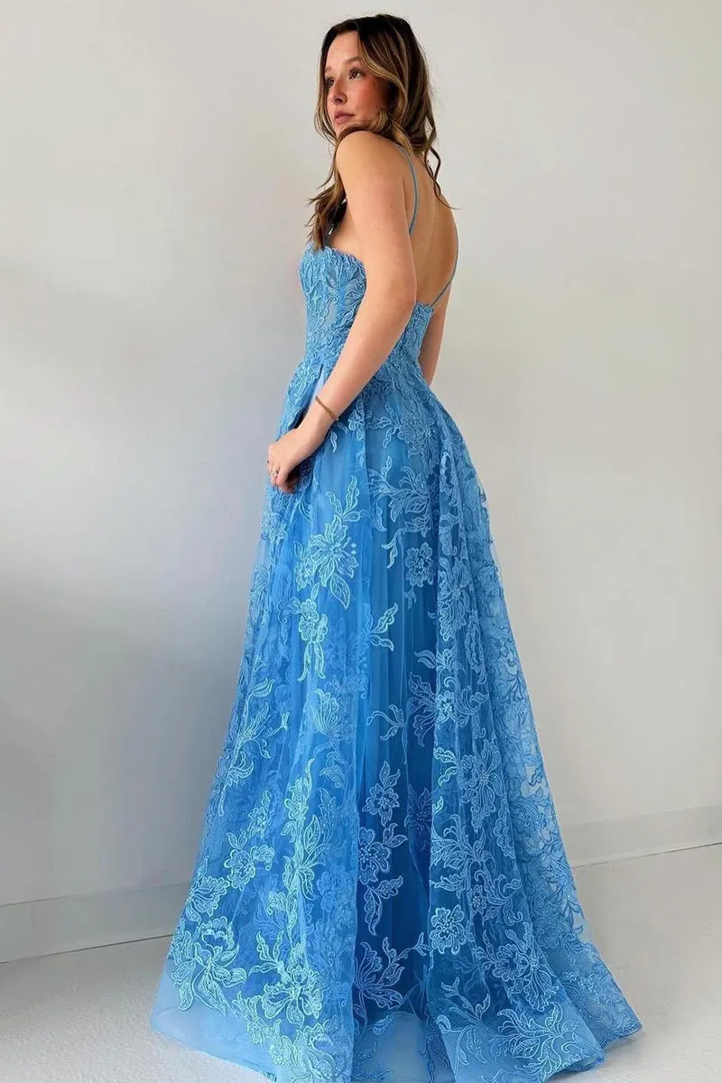 Blue Spaghetti Straps Tulle Appliques Long Prom Dresses sold by KissProm product image thumbnail 3