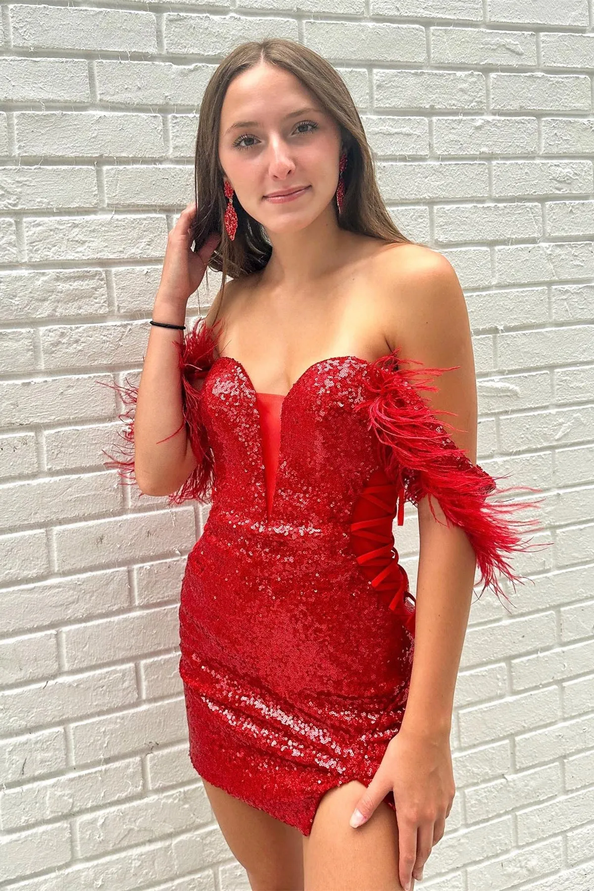 Alberta | Red Plunging Off-the-Shoulder Sequins Homecoming Dress with Feathers sold by KissProm product image thumbnail 2
