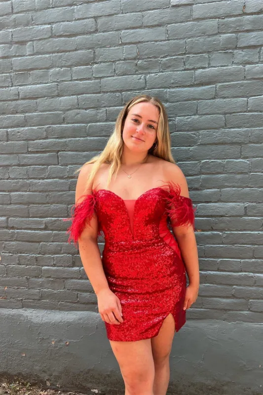 Alberta | Red Plunging Off-the-Shoulder Sequins Homecoming Dress with Feathers sold by KissProm